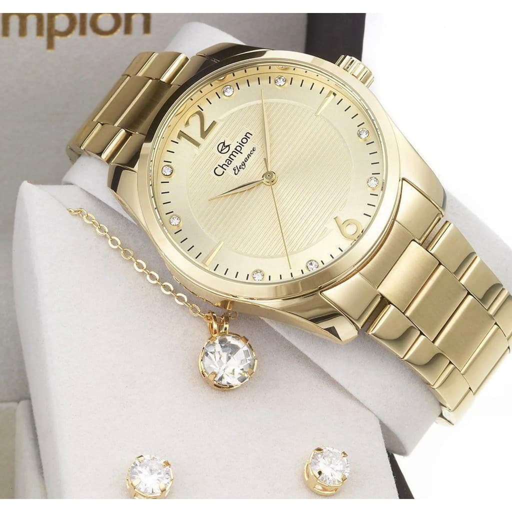 Kit Relógio Feminino Champion Dourado Champanhe Colar e Brincos CN27607W