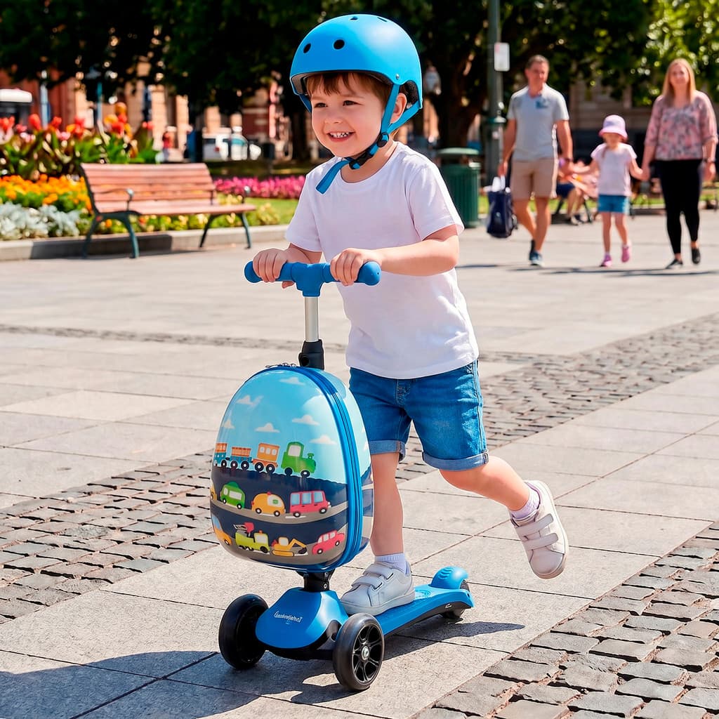 Patinete Elétrico Infantil Azul Com Mochila Guarda Brinquedos Scooter Dobrável Motorizado Menino Top