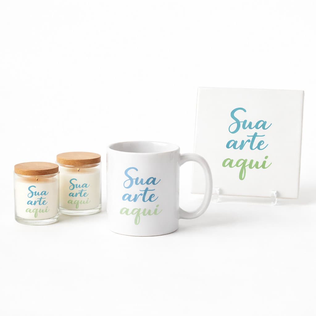 KIT 3 VELAS AROMATICAS, 1 AZULEJO E 1 CANECA PERSONALIZADA