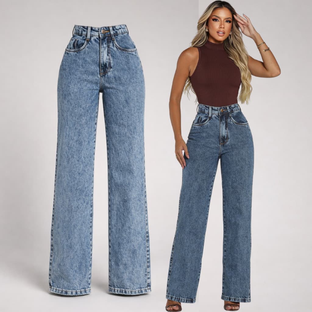 Calça Feminina Wide Leg Jeans Premium Algodão Cintura Alta Afina Cintura Elegante Casual Versátil