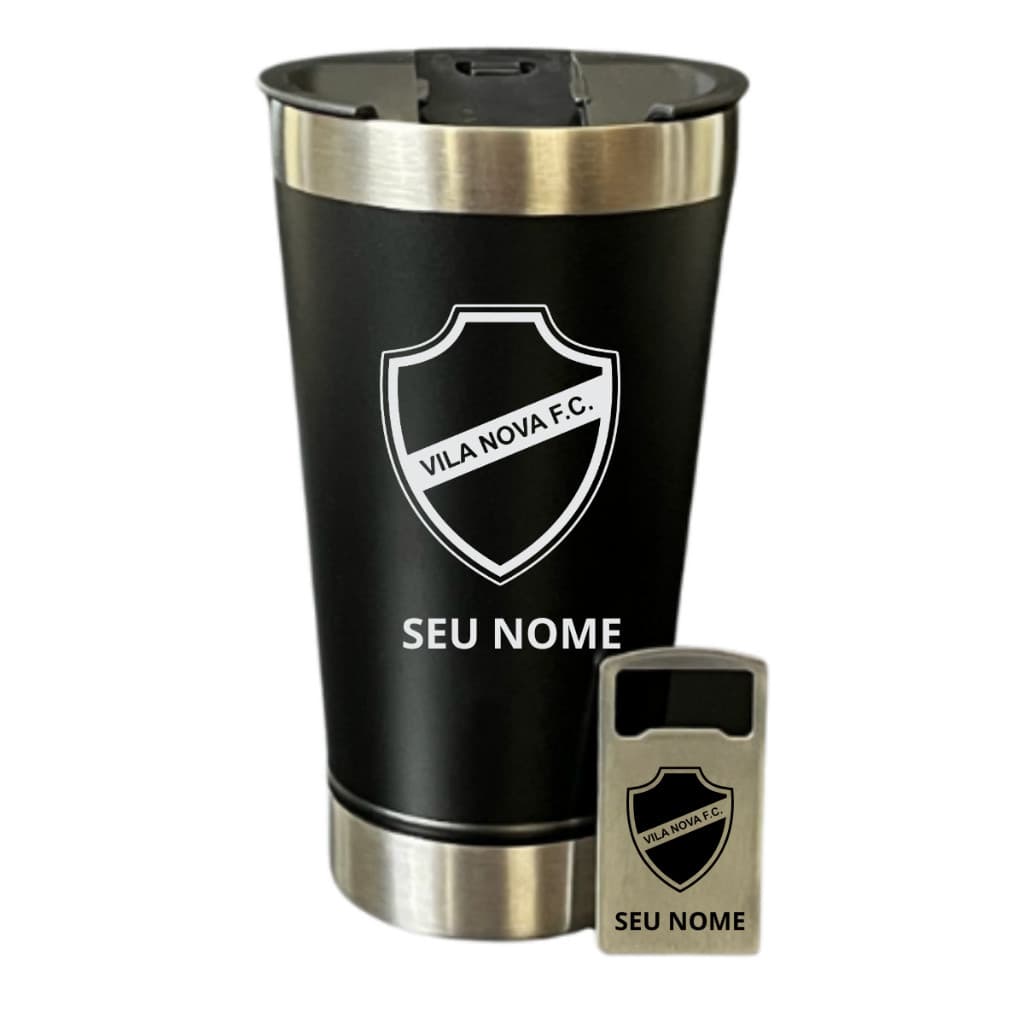 Copo Térmico Preto Vila Nova Personalizado Inox 473ml com Nome Tampa Abridor Laser Presente Tigrão