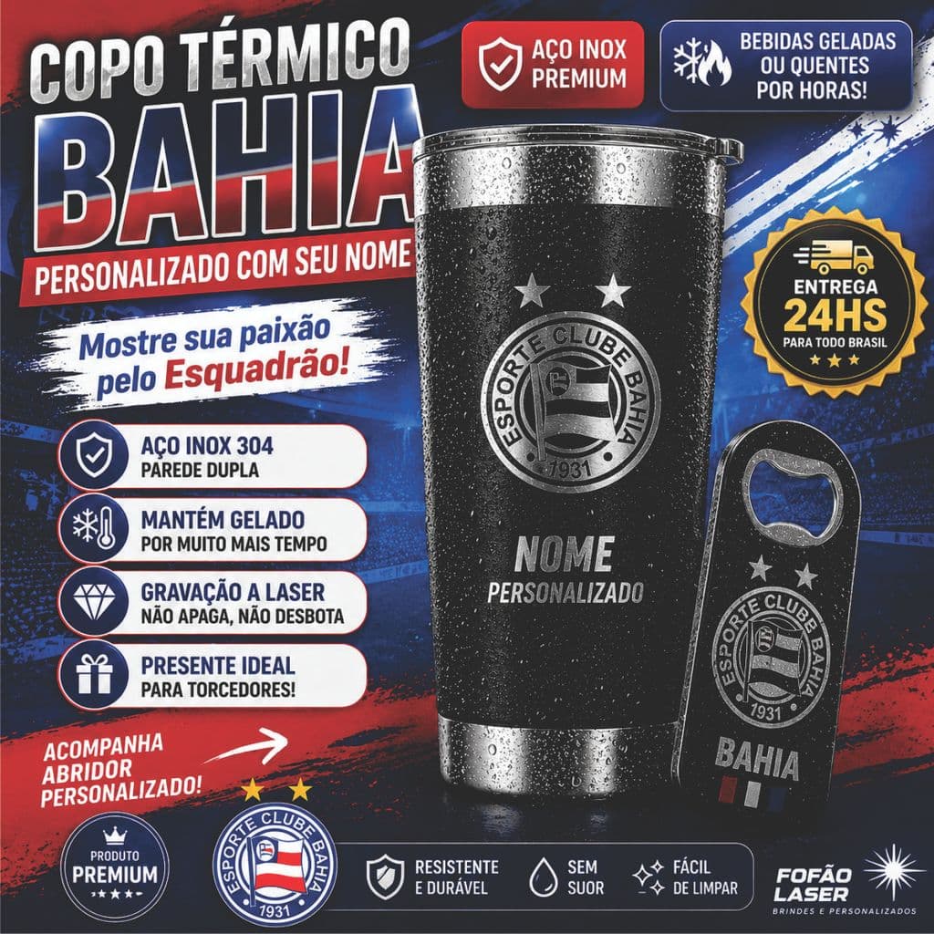 Copo Termico PRETO Bahia Personalizado Nome 473ml Inox Tampa Abridor  Torcedor Super Homem