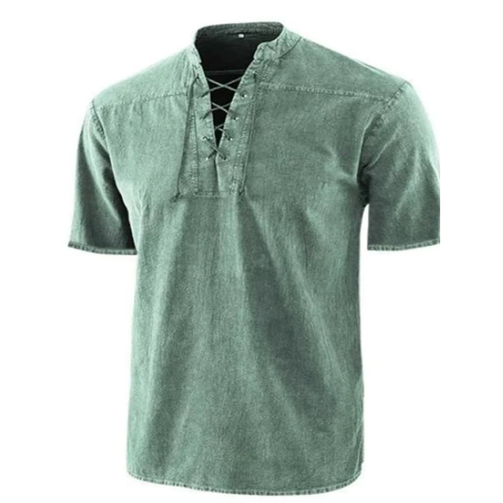 Camisa Masculina Primavera Verão Cor Sólida Retrô Com Cadarço Casual De Manga Curta Vintage