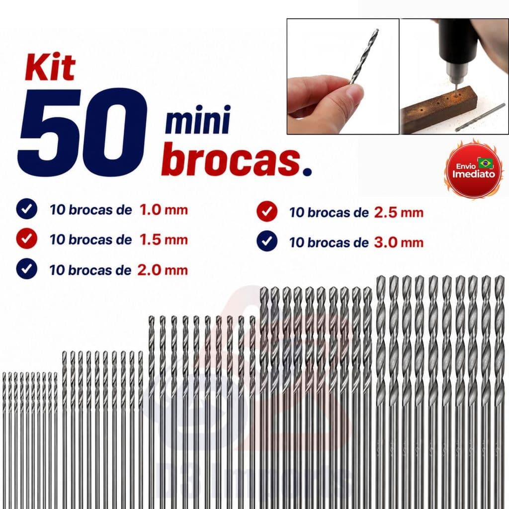 Jogo 50 Brocas Aço Rápido HSS Tamanhos de 1mm A 3mm Para Metal Madeira Plástico - 50 Peças Multiuso