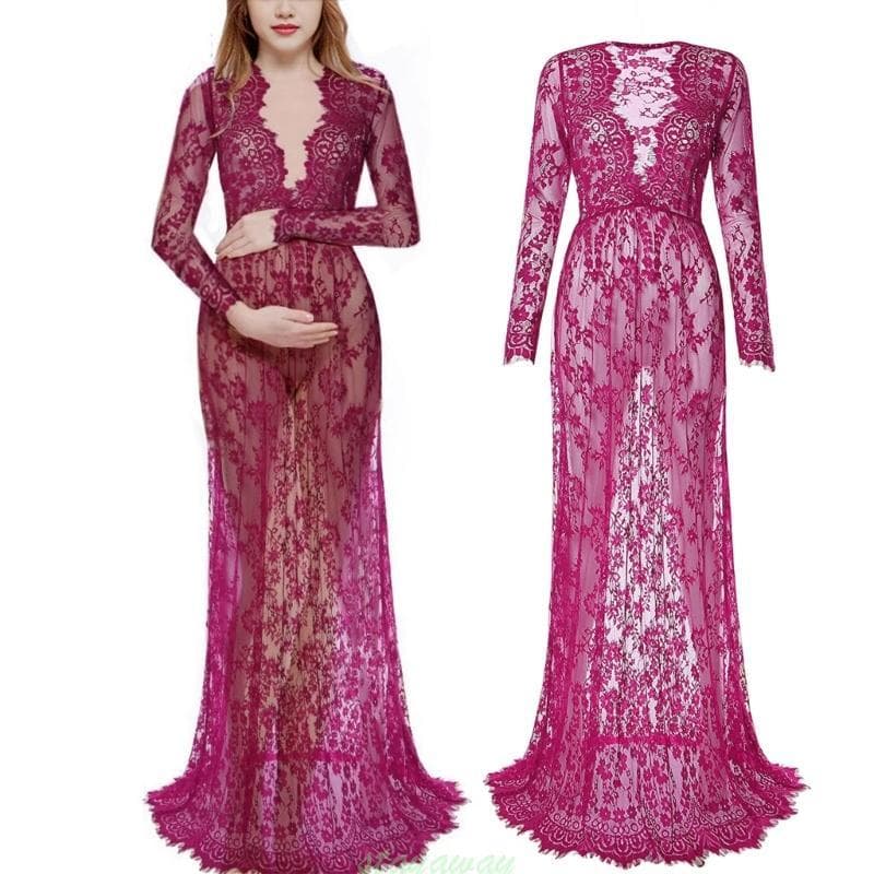 Elegant V Neck Long Sleeve Lace Maternity Dress Trailing Train for Formal Event