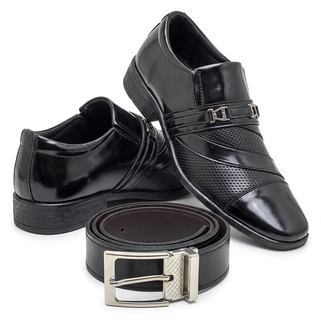 Kit Sapato Social Masculino Preto Verniz Fivela Cinto Dupla Face