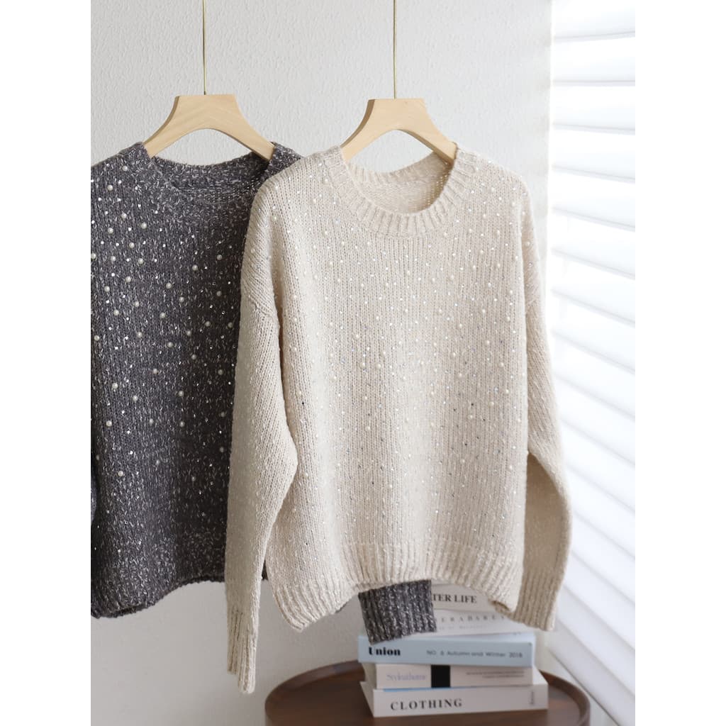 Estilo coreano lantejoulas frisado pulôver camisola feminina outono inverno novo estilo solto exterior usar de manga com