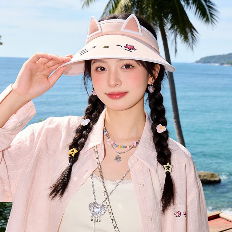 [Estoque pronto] Chapéu de sol vazio de gato fofo coreano feminino verão viagem ao ar livre chapéu de sol guarda-sol WJG