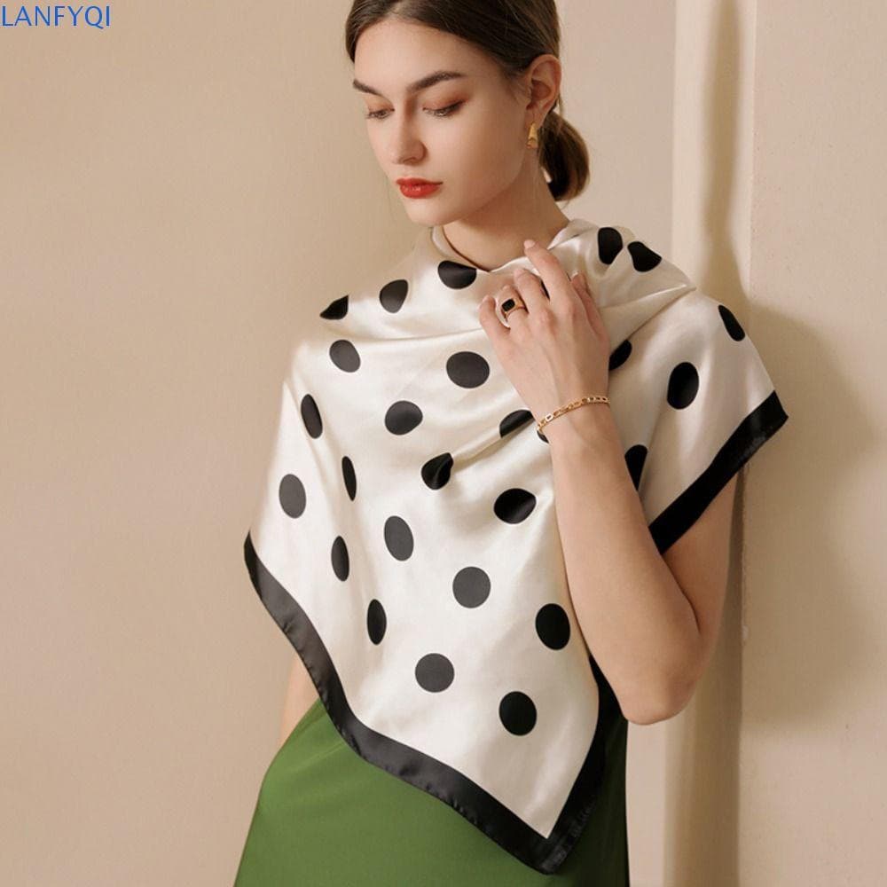 LANFYQI Lenço De Seda Feminino , Elegante Com Estampa De Bolinhas De 90 Cm , Envoltório De Xale Hijab Macio De Luxo Quad