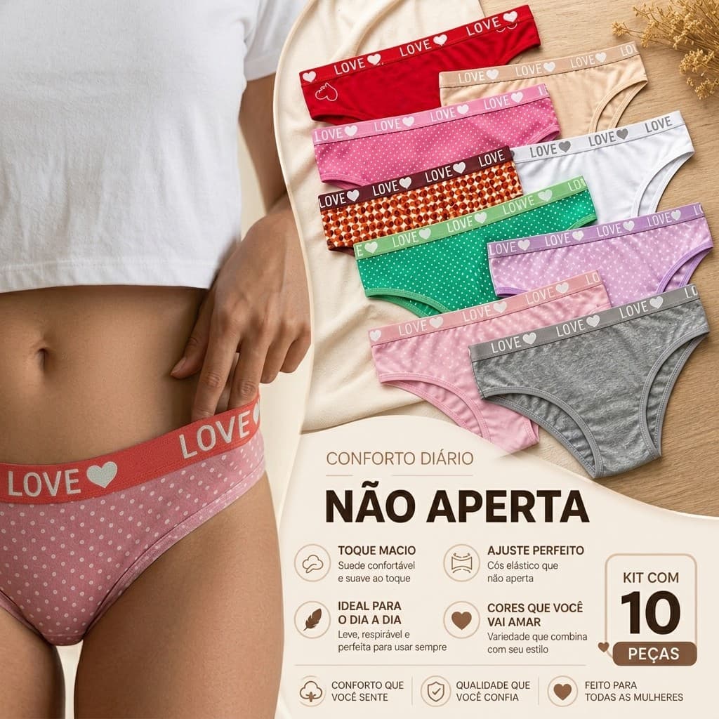 Kit Calcinhas Conforto Cós Love Macia Não Aperta Ideal Dia a Dia