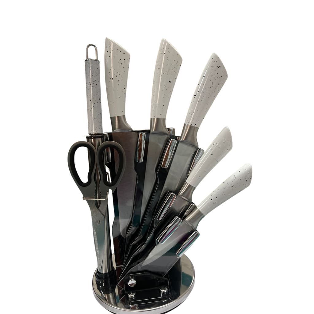 CONJUNTO DE FACAS 8 PEÇAS COM SUPORTE GIRATÓRIO - AÇO INOXIDÁVEL DE ALTA QUALIDADE  -  BRANCO