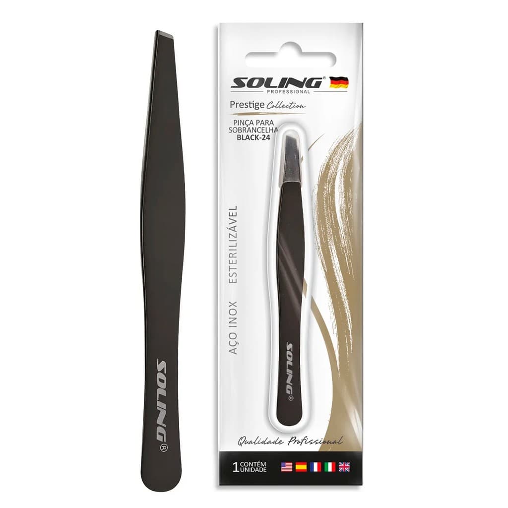 Pinça Sobrancelha Chanfrada Profissional Soling Original Preta Black 24