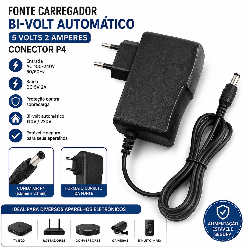Fonte Carregador Bi- Volt Automático 5 volts 2 amperes Conector P4