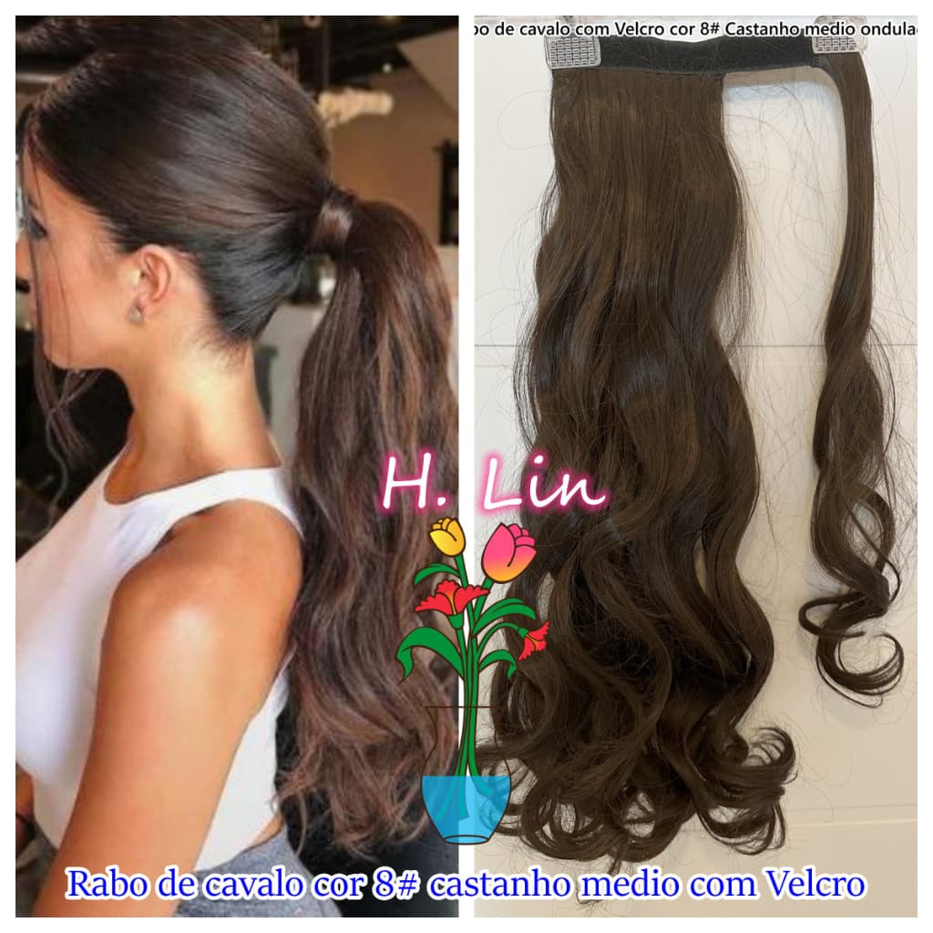 Rabo de cavalo cor 8# castanho medio ondulado castanho natural cabelo aplique castanho claro 100gramas