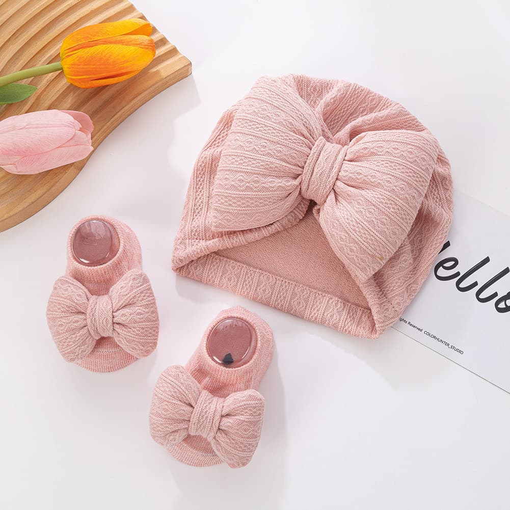 3 Pçs/Set Chapéus Do Bebê Meias Conjunto Grande Puff Travesseiro Arcos Meninos Meninas Gorros Bonés 0-12M Antiderrapante
