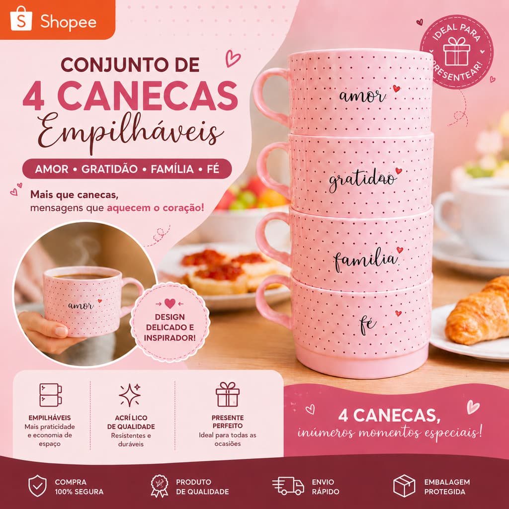 Kit 4 Xícaras Acrílicas Empilháveis 210ml – Para Café e Chá | Modernas, Resistentes e Decorativas