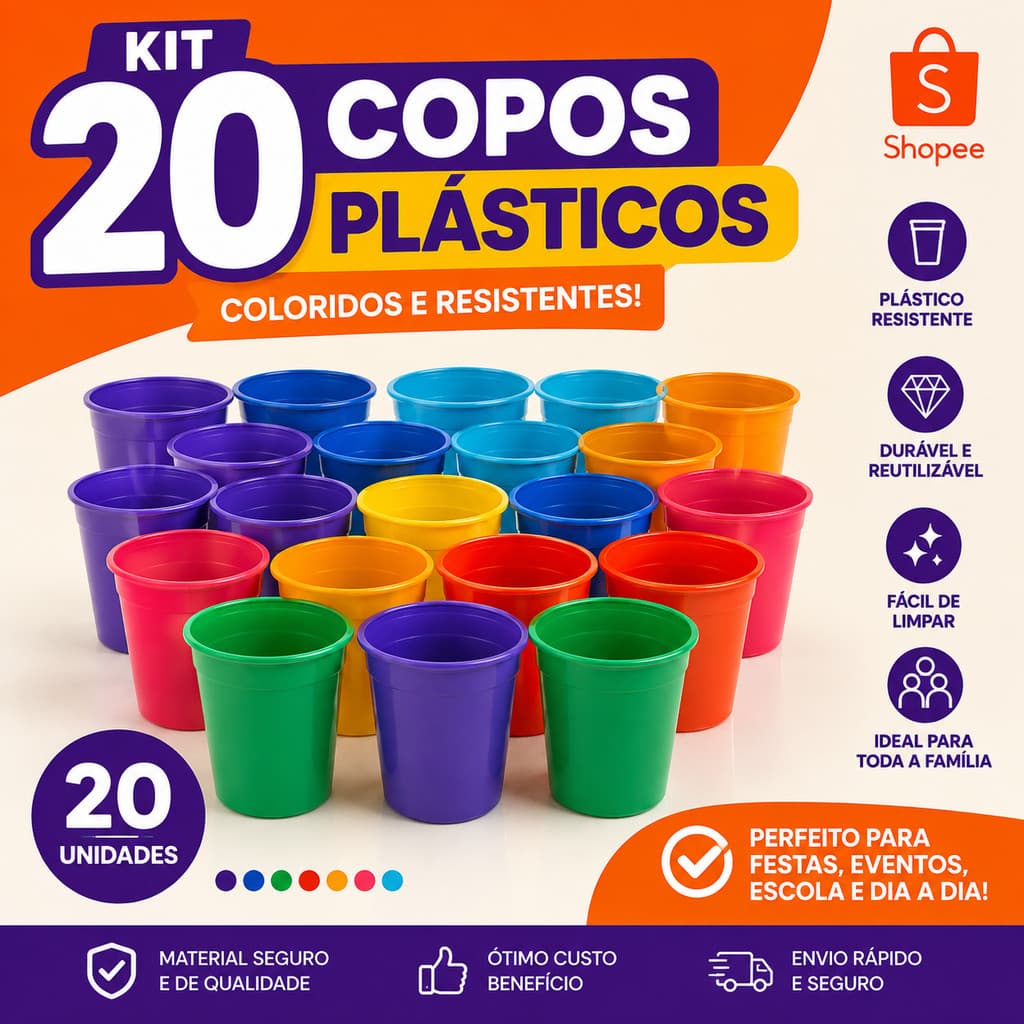 Kit Copos Plásticos 20 Unidades 350ML Para Festas Escolas Creches Resistente Uso Diario