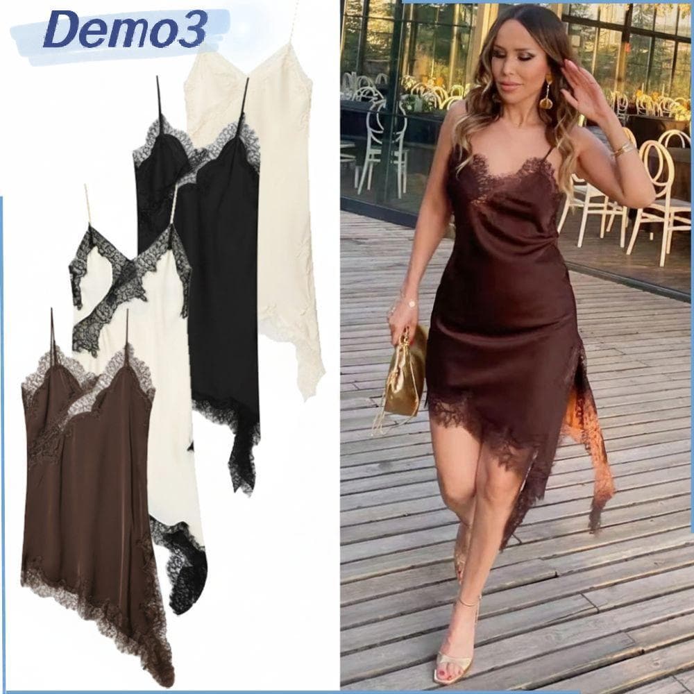 Vestido Feminino De Renda , De Cetim , Elegante Sem Mangas Com Assimetria De Noite