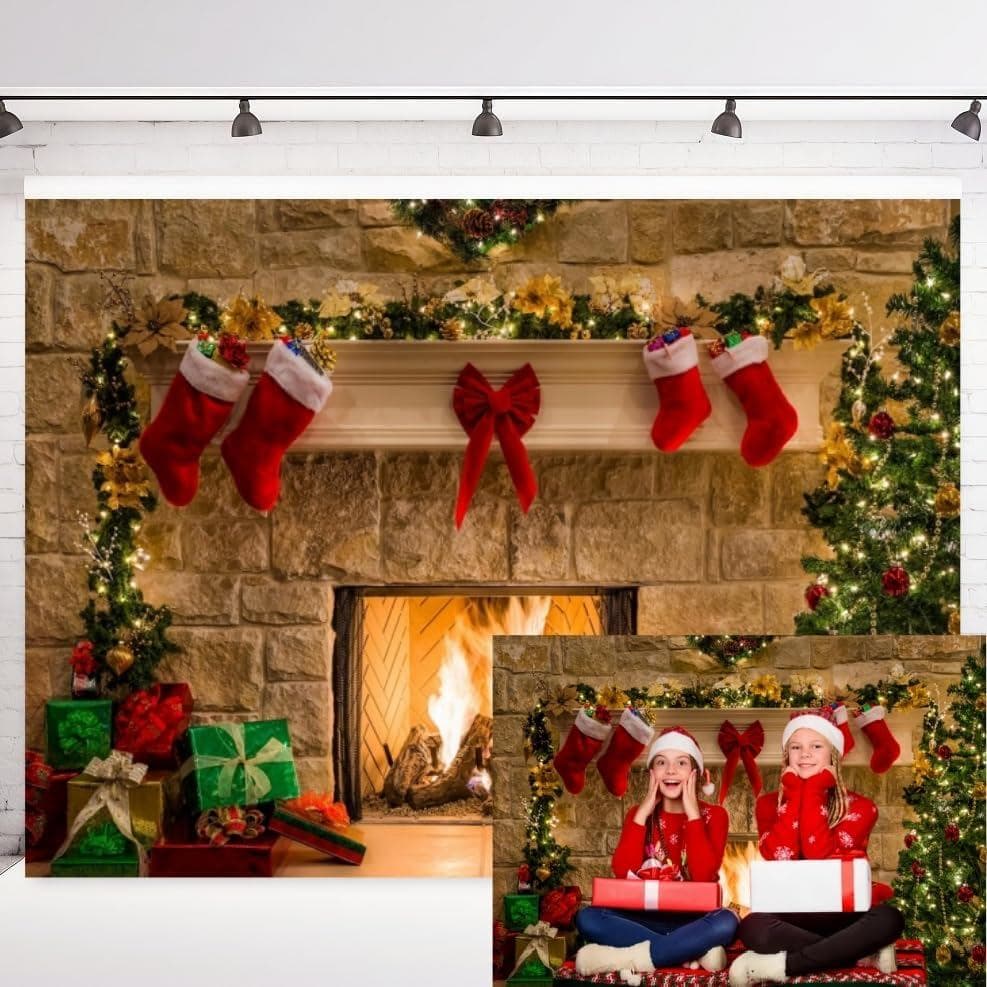 RUINI Fundo Fotográfico Temático de Natal com Lareira, Árvore de Natal, Meia de Natal, Presentes e Decorações de Festa,