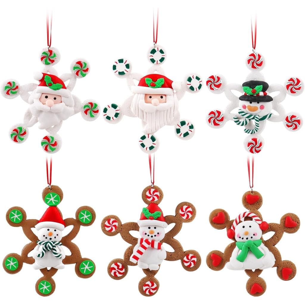 6 Peças de Enfeites de Natal em Forma de Papai Noel, Boneco de Neve e Floco de Neve, Enfeites Coloridos de Argila Polimé
