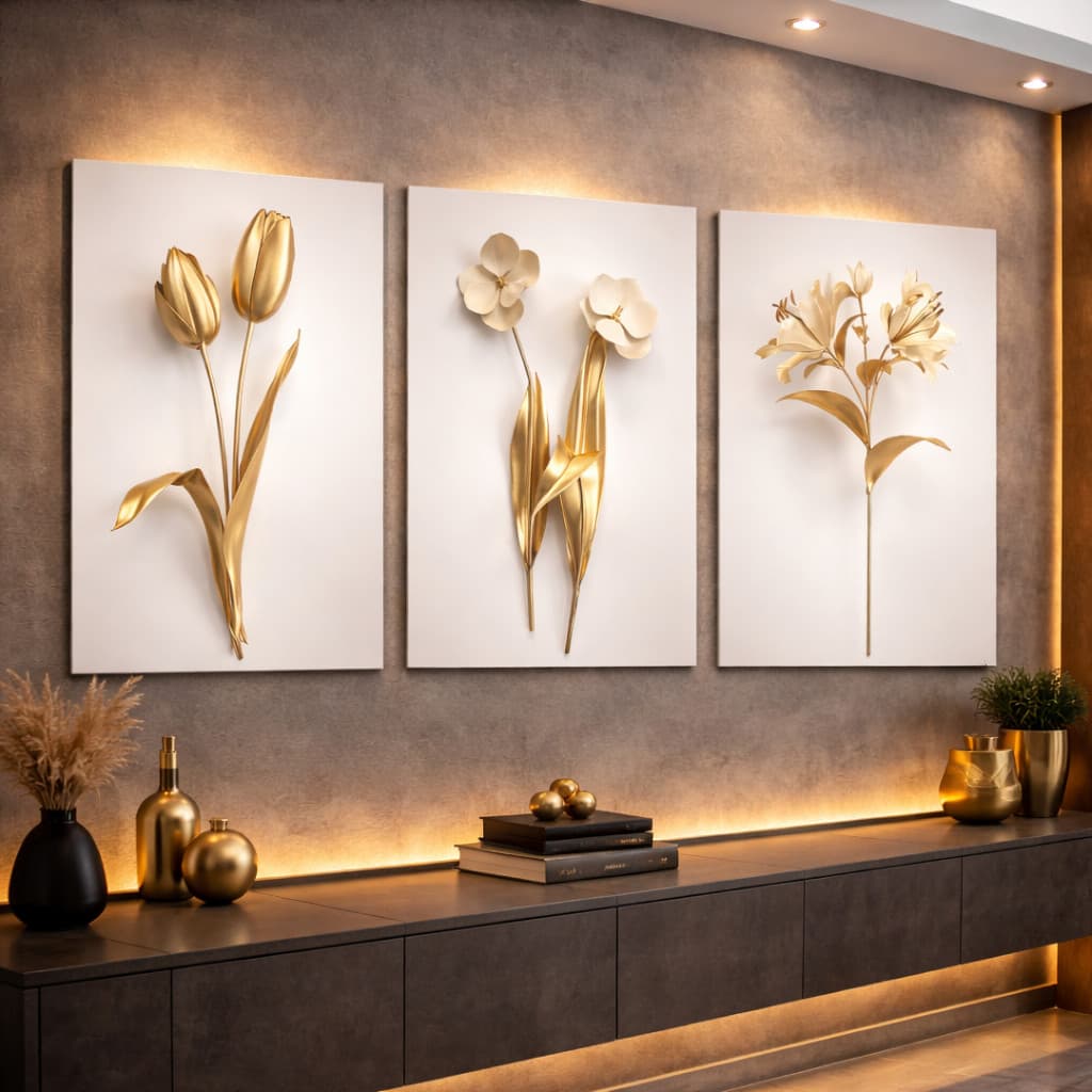 Quadros Decorativos Floral Dourado Flores Gold Grande Quarto Casal Sala