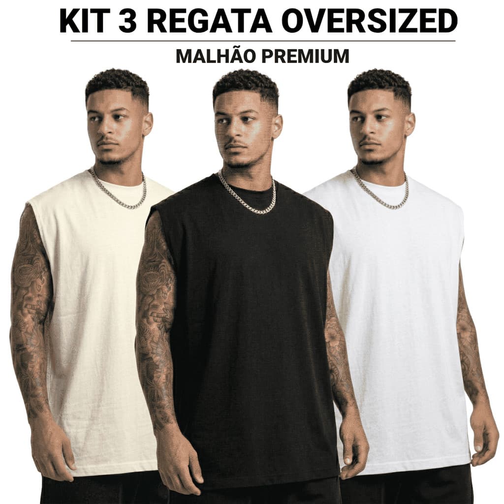 KIT 3 Regata Oversized Machão Básica Lisa Malhão Premium Basquete Academia e Dia a Dia