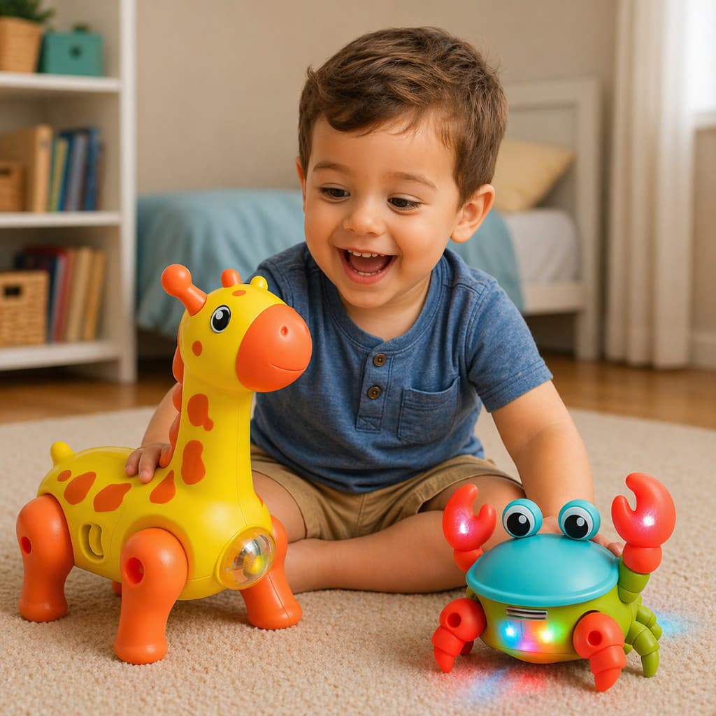 Kit Brinquedo Caranguejo Fujão + Girafa Dançarino Musical Brinquedo Infantil Interativo Sensorial