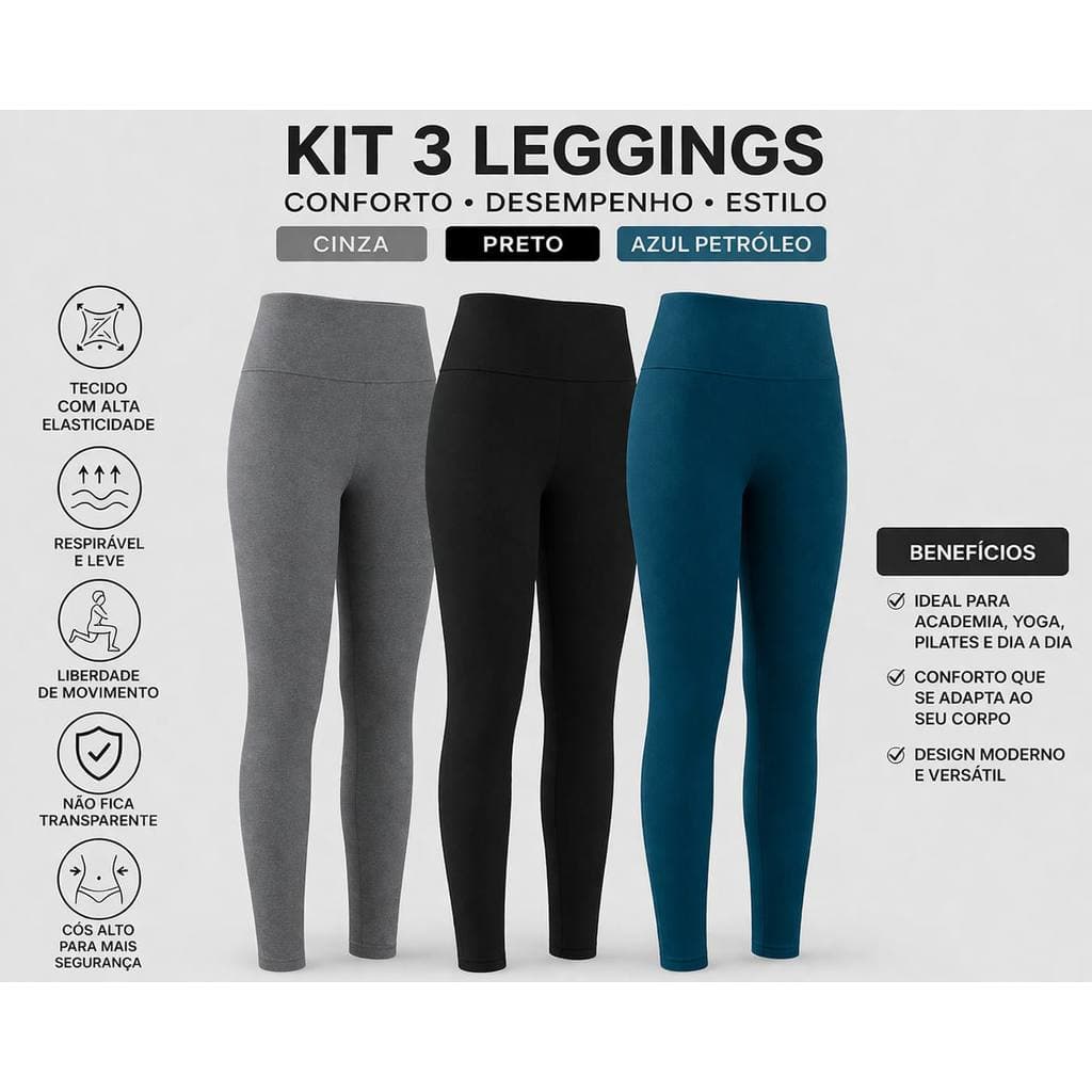 Kit 3 Calças Legging Feminina  Cintura Alta
