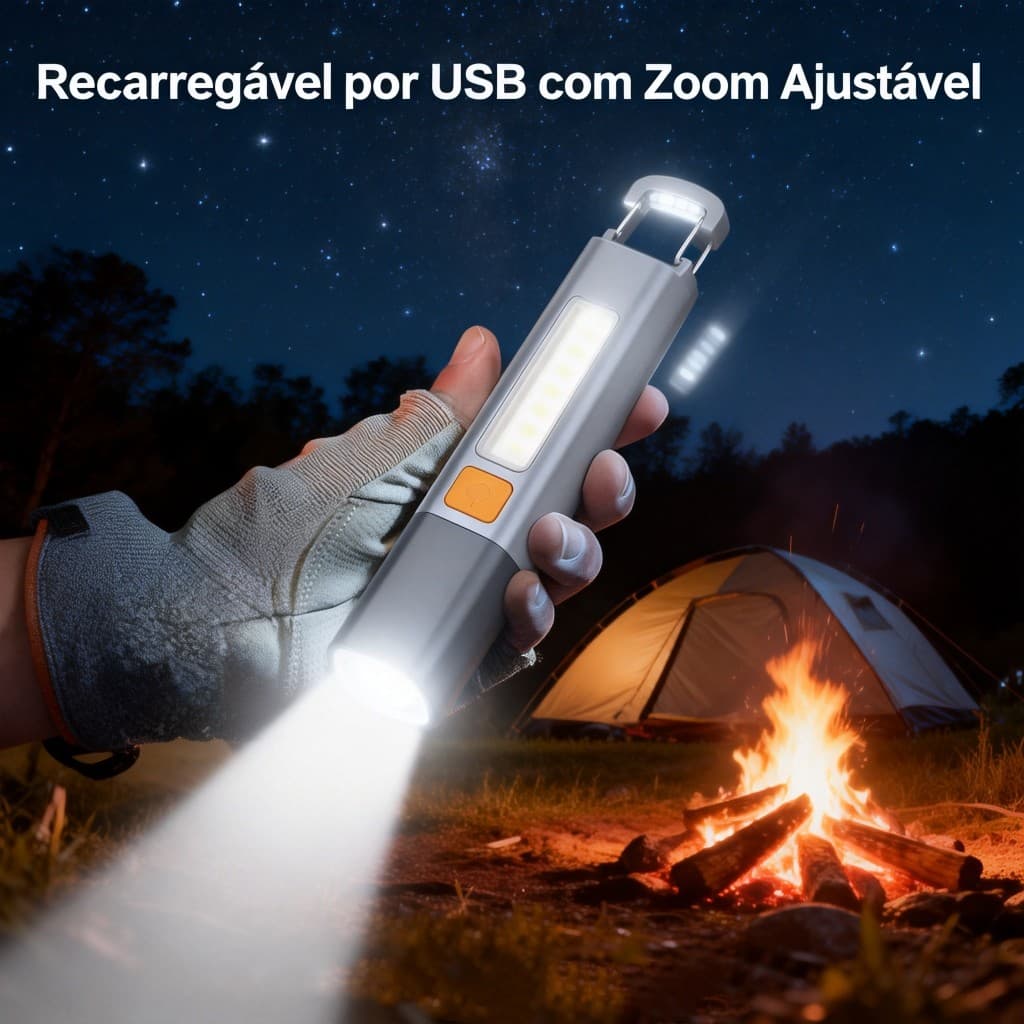 Lanterna Tática LED Recarregável USB com Zoom e Luz Lateral