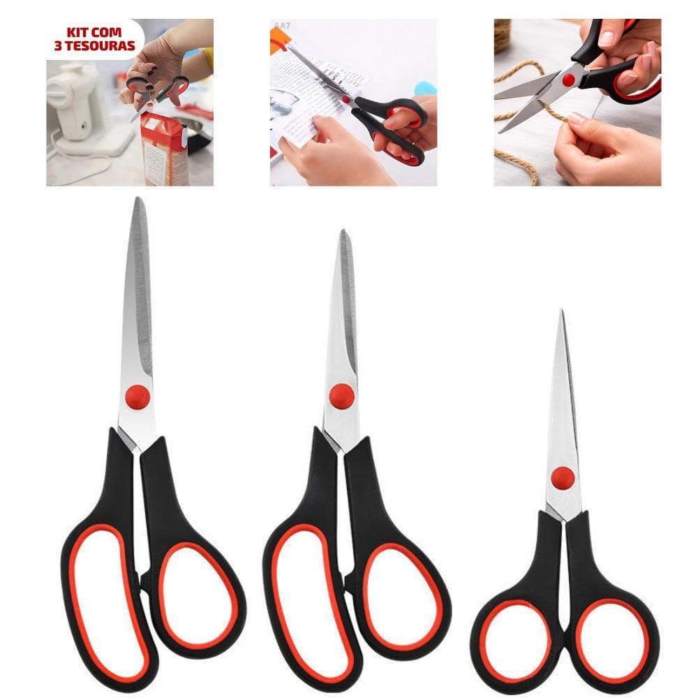 KIT DE TESOURAS USO GERAL MULTIUSO 3 UNIDADES COSTURA CASA ARTESATO PAPEL COZINHA ESCOLAR CABELO ACO INOXIDAVEL