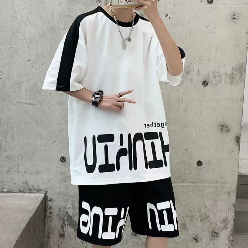Terno Waffle masculino verão mais gordura plus Size na moda estilo Hong Kong solto gordura de manga curta calças de cinc