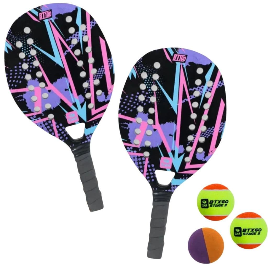 Kit Beach Tennis 2 Raquetes Lilas + Bolinha Borracha + 2 Bolinhas Beach Tennis