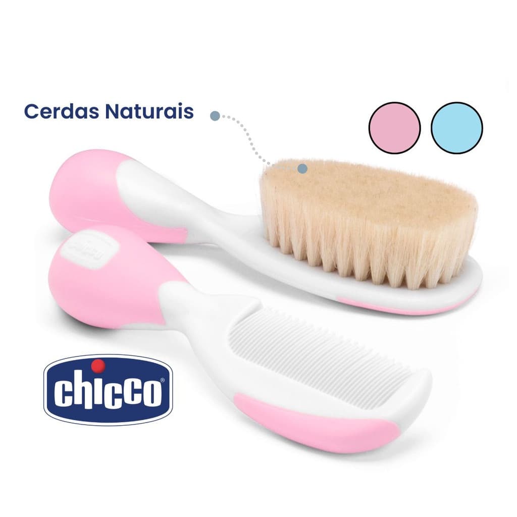 Kit Pente e Escova Bebê Cerdas Naturais Macio Hipoalergênico