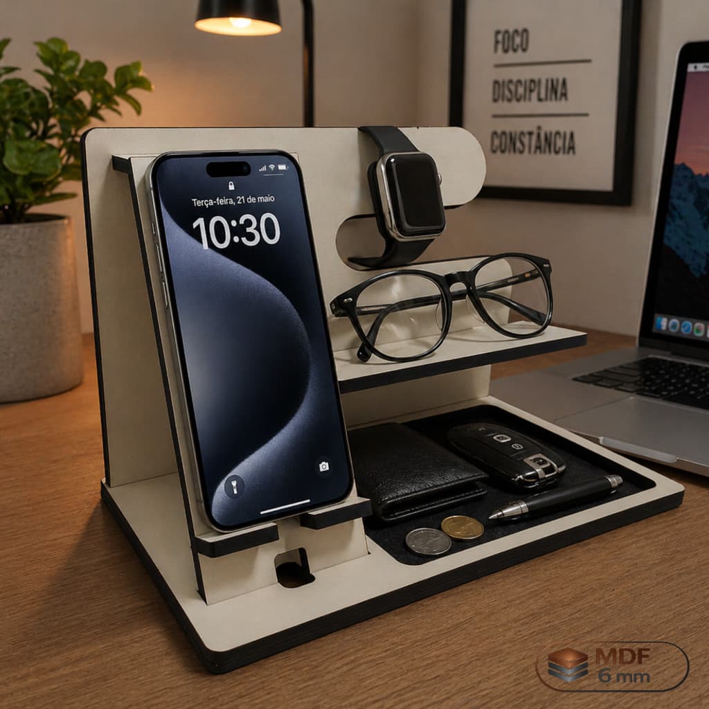 Organizador de Mesa MDF 6mm Laminado Cor Gelo Porta Celular Relógio Óculos Porta Objetos Multiuso