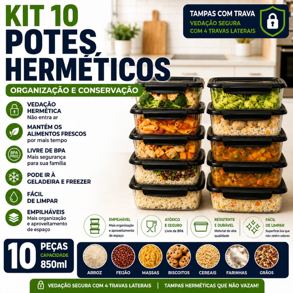 Kit 10 e 5 Potes Hermético 850ml Vedação Segura Trava Lateral BPA Free Alimentos Cozinha