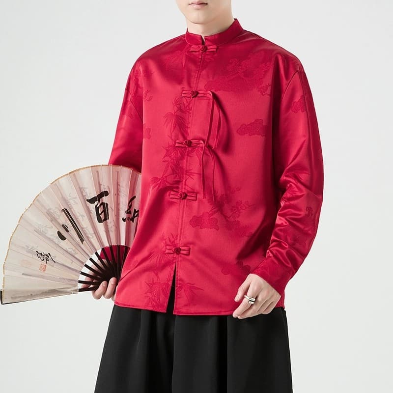 Vermelho novo estilo chinês masculino botão de disco camisa de manga comprida camisa de alta qualidade melhorada jaqueta