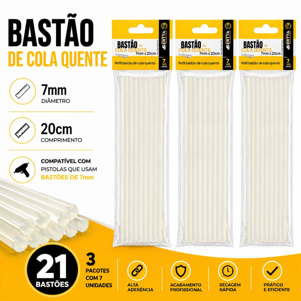 21 Bastões Refil Cola Quente 7mm Fixação Rápida Artesanato Profissional Alta Qualidade