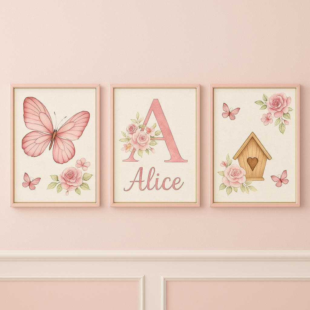 Quadro decorativo 3 peças Borboleta Rosa Flor Quarto Menina