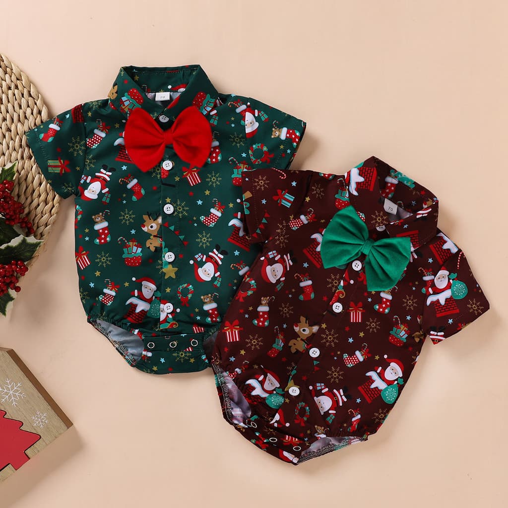 Natal bebê macacão 2025 novo estilo na moda bebê criança bonito gravata borboleta manga curta macacão papai noel