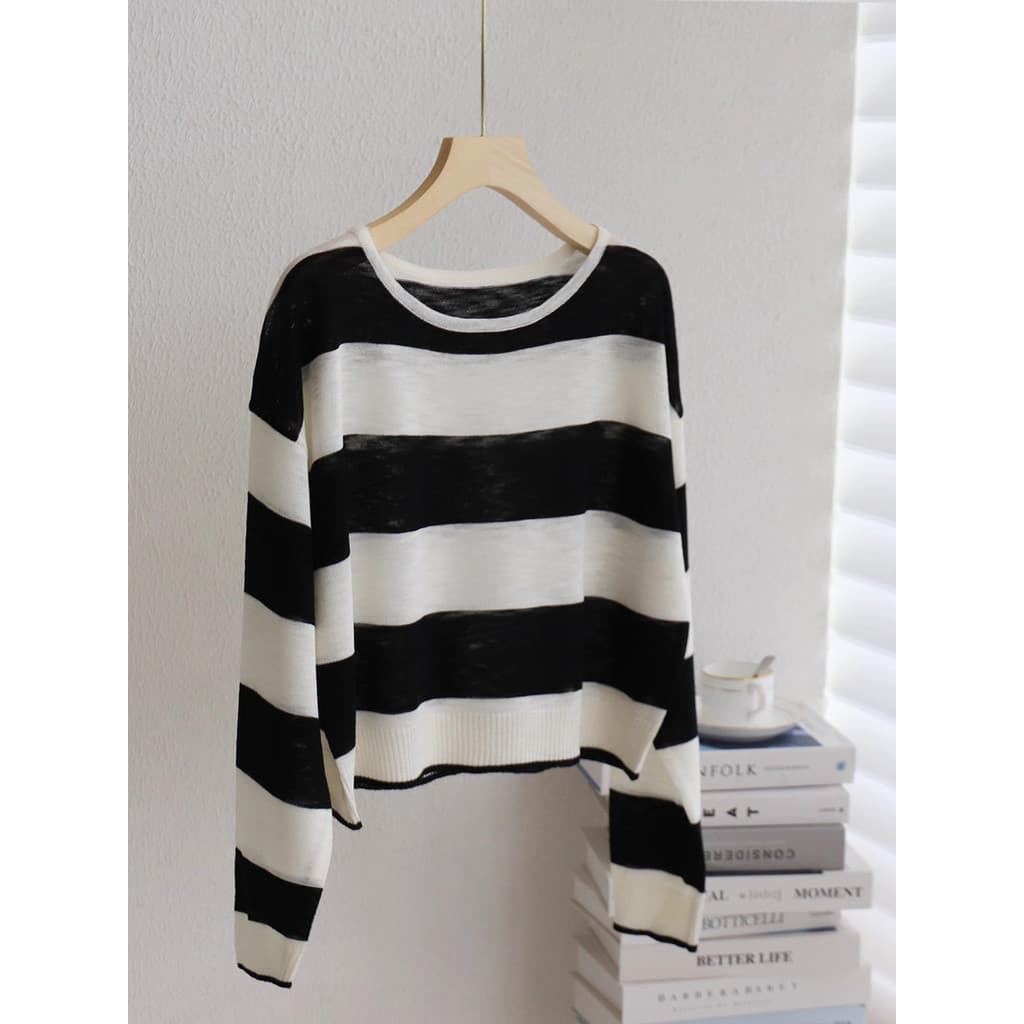 Estilo curto de manga comprida preto branco listrado camisola de seda gelo feminino 2026 novo estilo Super agradável ext