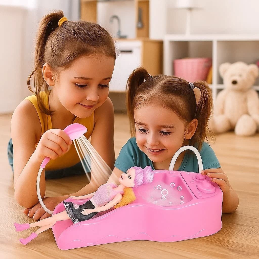 Kit Lavatório Boneca Salão Cabeleireiro Rosa Chuveirinho Banho Banheira Infantil Presente