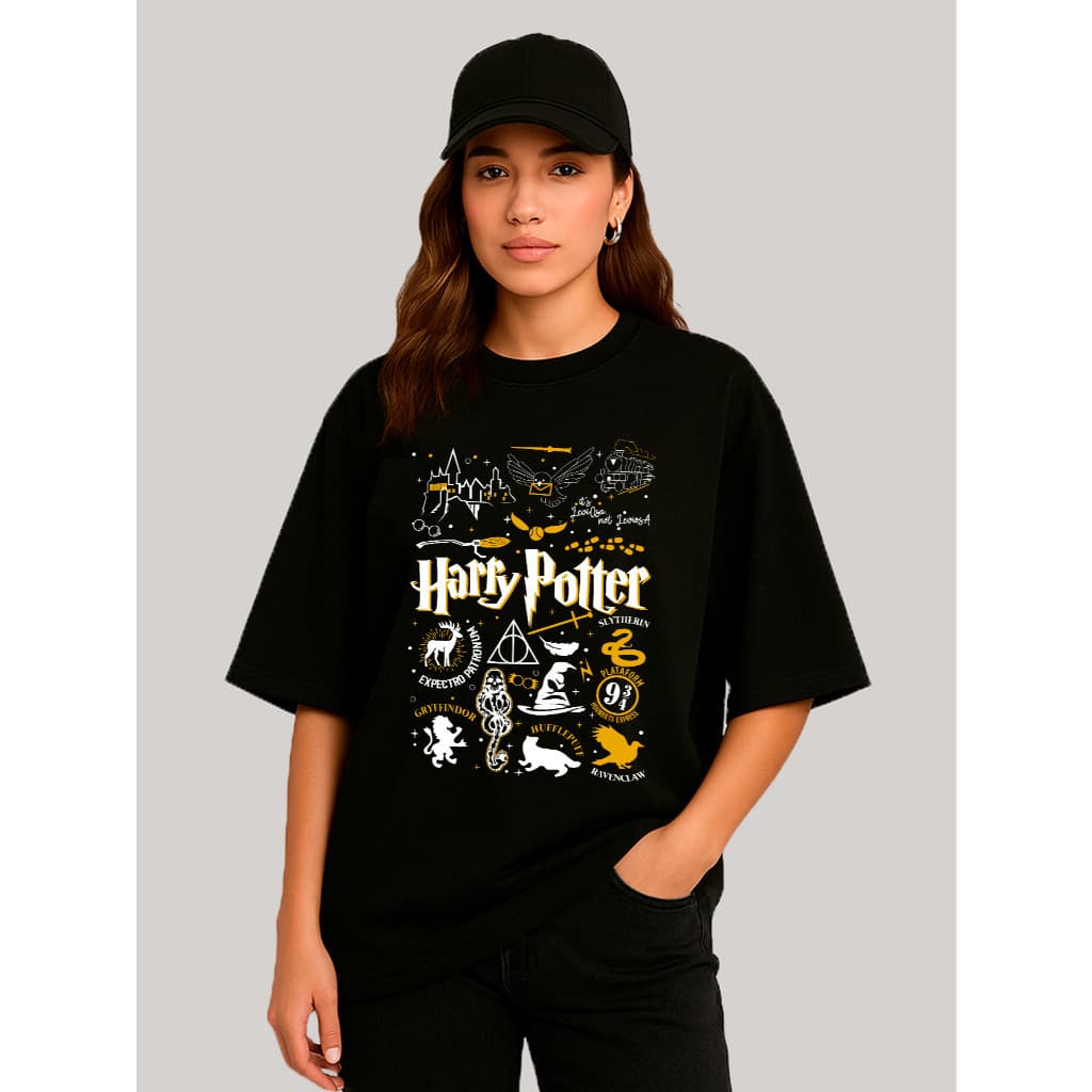 Camiseta Oversized Unissex Harry Potter Hogwarts  Estampa  Inspirada na Magia 100% Algodão