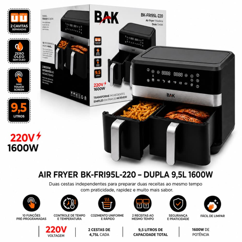 Fritadeira AirFryer Digital Cesto Duplo Preto 9,5l 1700W 220