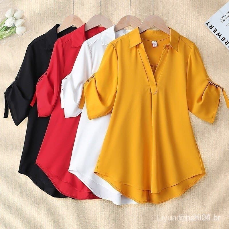 Camisa Feminina Plus Size Solta de Chiffon Camis De Mangas Cirbas Cillas / Kemeja Perepan GTMK JM01