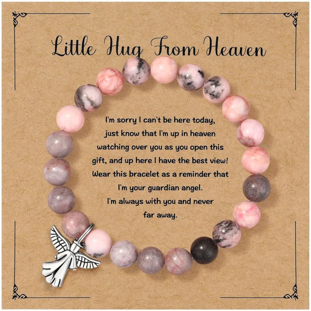 MIXJOY Pulseira de Pedra Natural Rosa Anjo da Guarda Pequeno Abraço do Céu para Perda de Mãe ou Pai, Presente de Luto pa