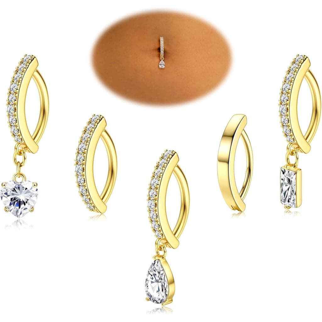FIBO STEEL Anel de Umbigo Banhado a Ouro 14K para Mulheres, Aço Cirúrgico 316L, Anel de Umbigo Pendente com Coração Rosa