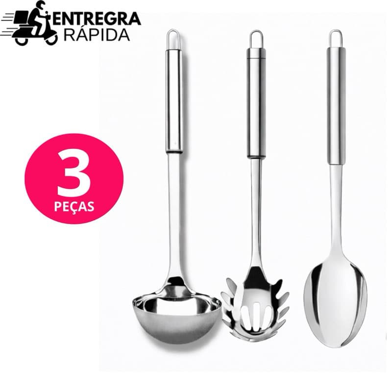 Jogo Utensílios Cozinha 3 Peças Colher Arroz Concha Feijão Pegador Massa Garfo 100% Inox PREMIUM