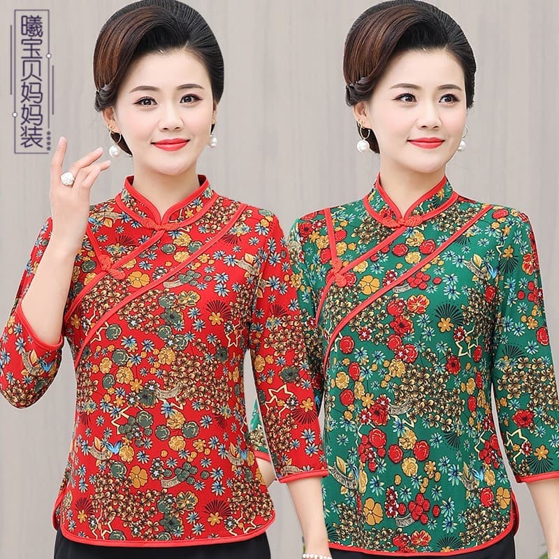 Roupas de verão novo estilo moda mãe roupas melhoradas Cheongsam topo Retro meados de manga Floral Diagonal Tang terno c