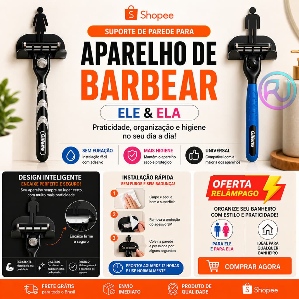 Suporte Para Aparelho De Barbear Depilação Parede Sem Furo Fita 3M Prestobarba Banheiro Porta Lâmina