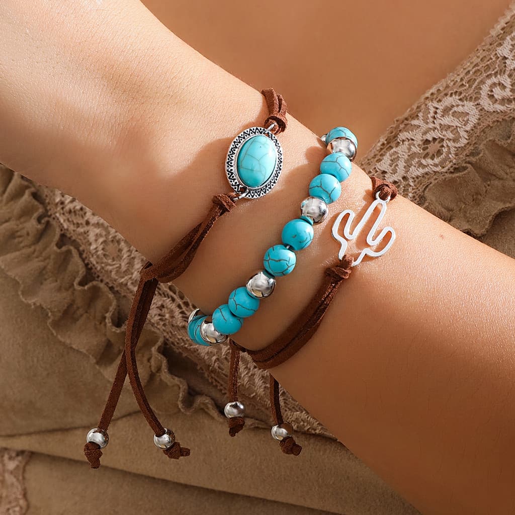 Conjunto Moderno de Pulseiras de Pedras Verdes em Três Peças (Estilo Feminino) – Corrente de Corda Destacável com Pingen
